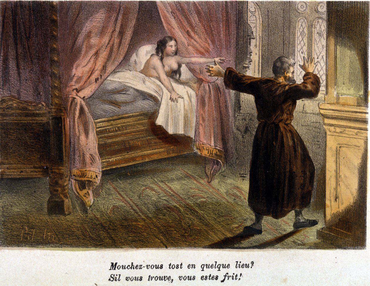 Aviorikos: yllättynyt munkki, joka yrittää piiloutua, ja alaston nainen sängyssä. Litografia sd. 1800-luvun alku. tekijältä Unknown artist