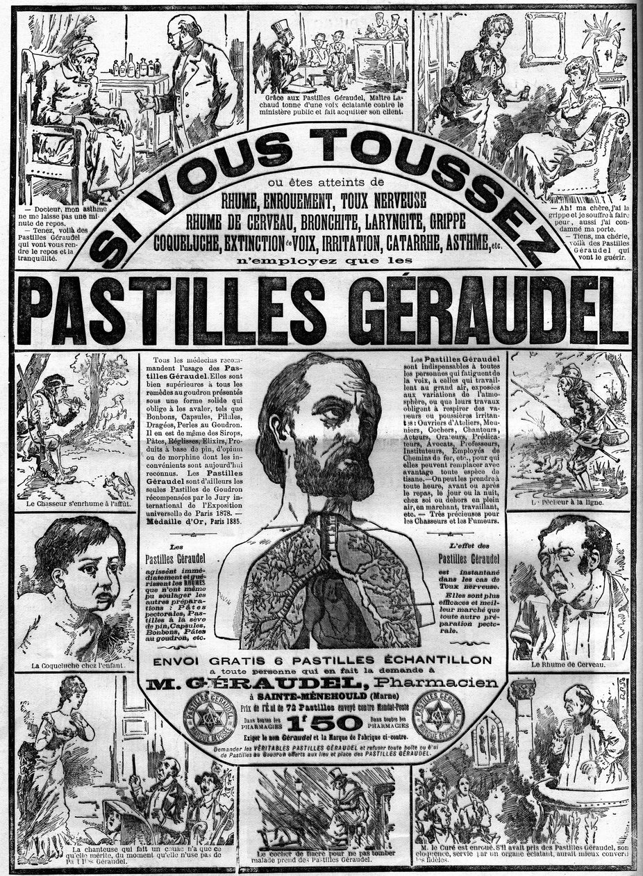 Apteekki Arthur Geraudel (1841-1906) a Sainte-Menehould (Sainte Menehould) mainoksia Geraudel-tableteille yskää vastaan. Kaiverrus "" Le monde illustrious"" tekijältä Unknown artist