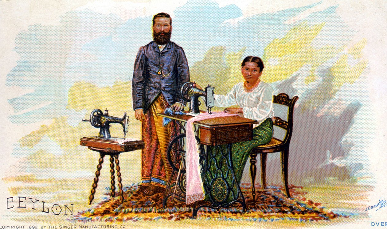 Ompelukoneiden mainonta Singer, Ceylon (nykyinen Sri Lanka). 1892 tekijältä Unknown artist
