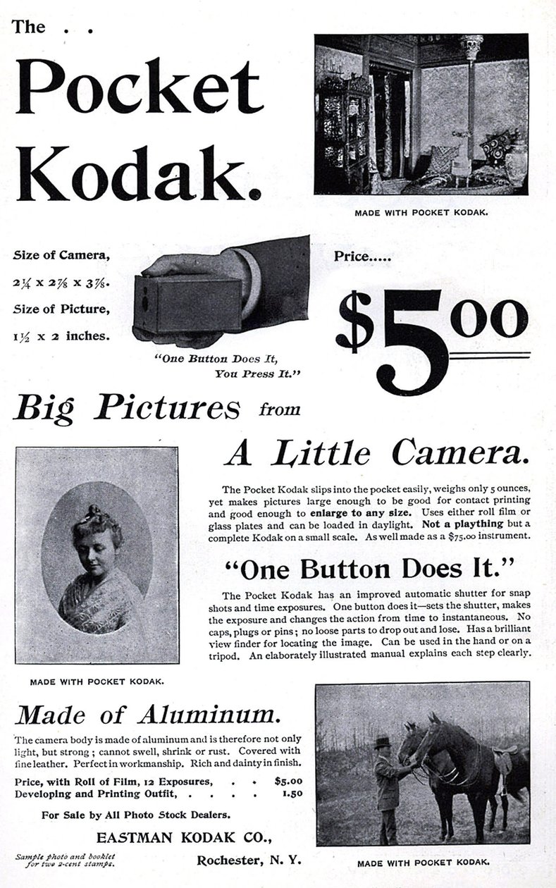 Kodak-taskukameran mainos. (Pocket Kodak) 1895. Private Coll. tekijältä Unknown artist