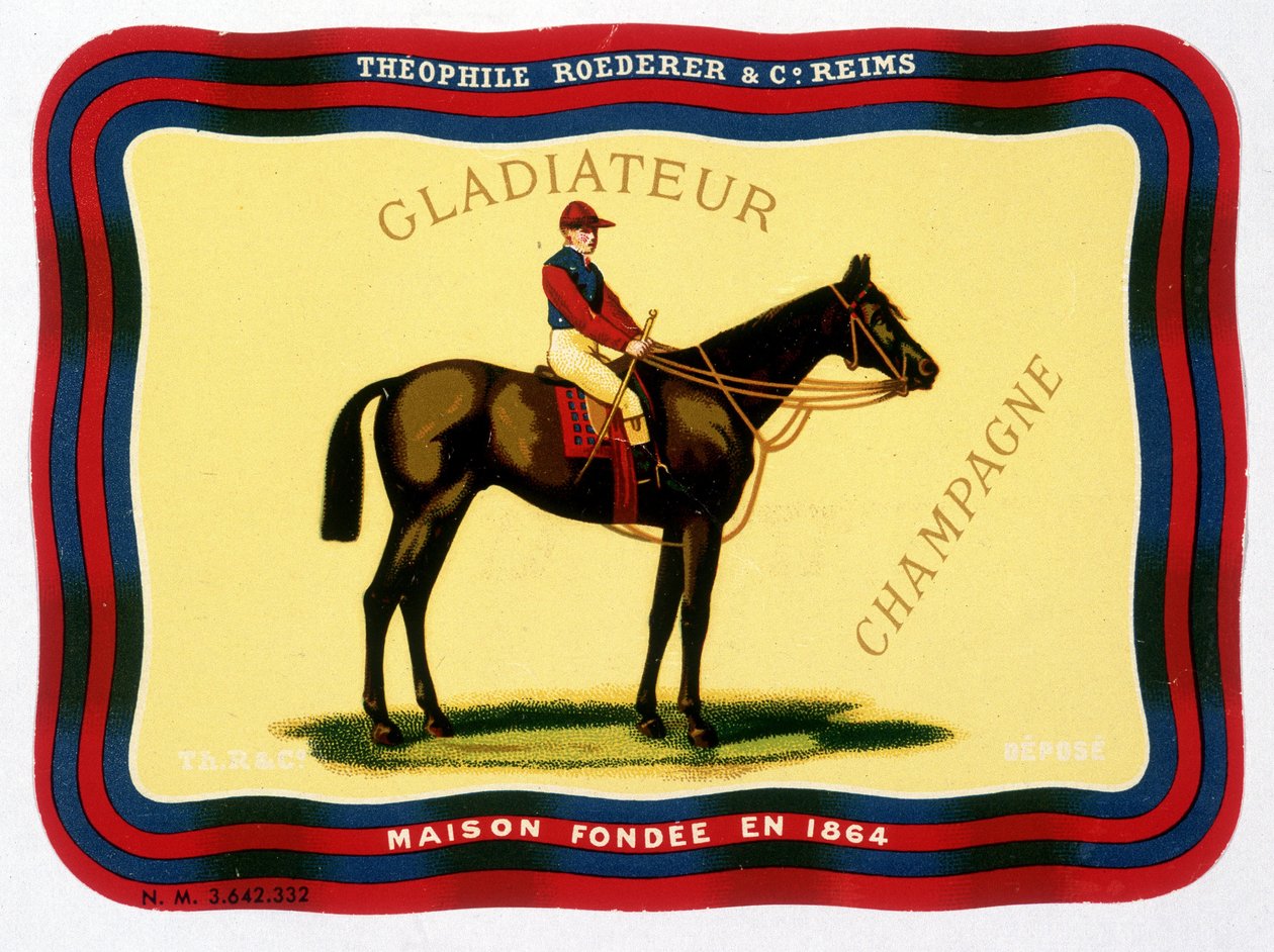 Mainosmerkki "" Gladiateur Champagnelle - Théophile Roederer & C¡. Reims - Talo perustettiin vuonna 1864”. Kromolitografia n.d. tekijältä Unknown artist