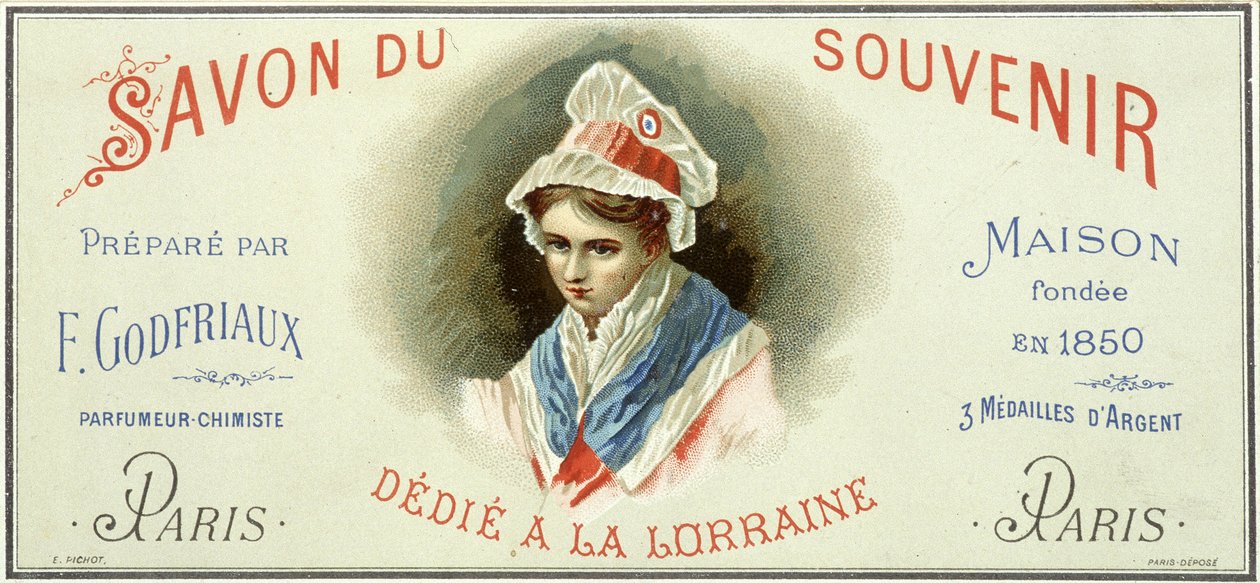 Mainosmerkki "Soap du souvenir, valmisti F. Godfriaux - Maison perustettu 1850". Kromolitografia 1800-luku. tekijältä Unknown artist