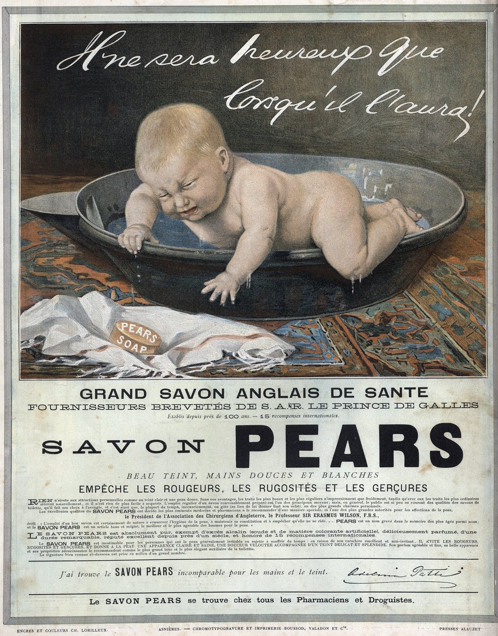 Mainos vuodelta 1889 englantilaisesta saippuasta "" Pears"" - suuresta englantilaisesta terveyssaippuasta. Kylvyssä oleva vauva tekee mielijohteesta (itkeä) ja yrittää saada saippuan kiinni. tekijältä Unknown artist