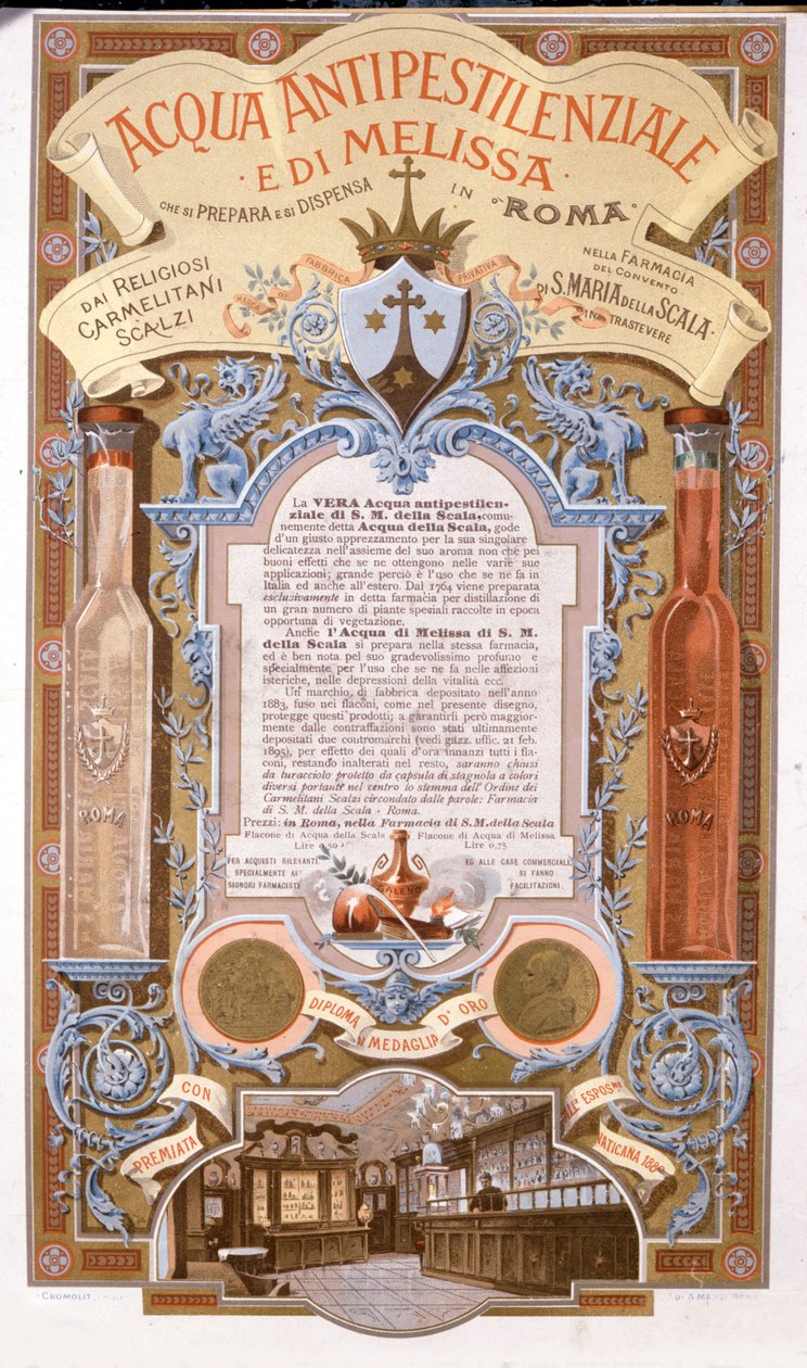 Tuoksuveden mainonta: vesi sitruunamelissaruttoa vastaan. kromolitografia vuodelta 1895 tekijältä Unknown artist