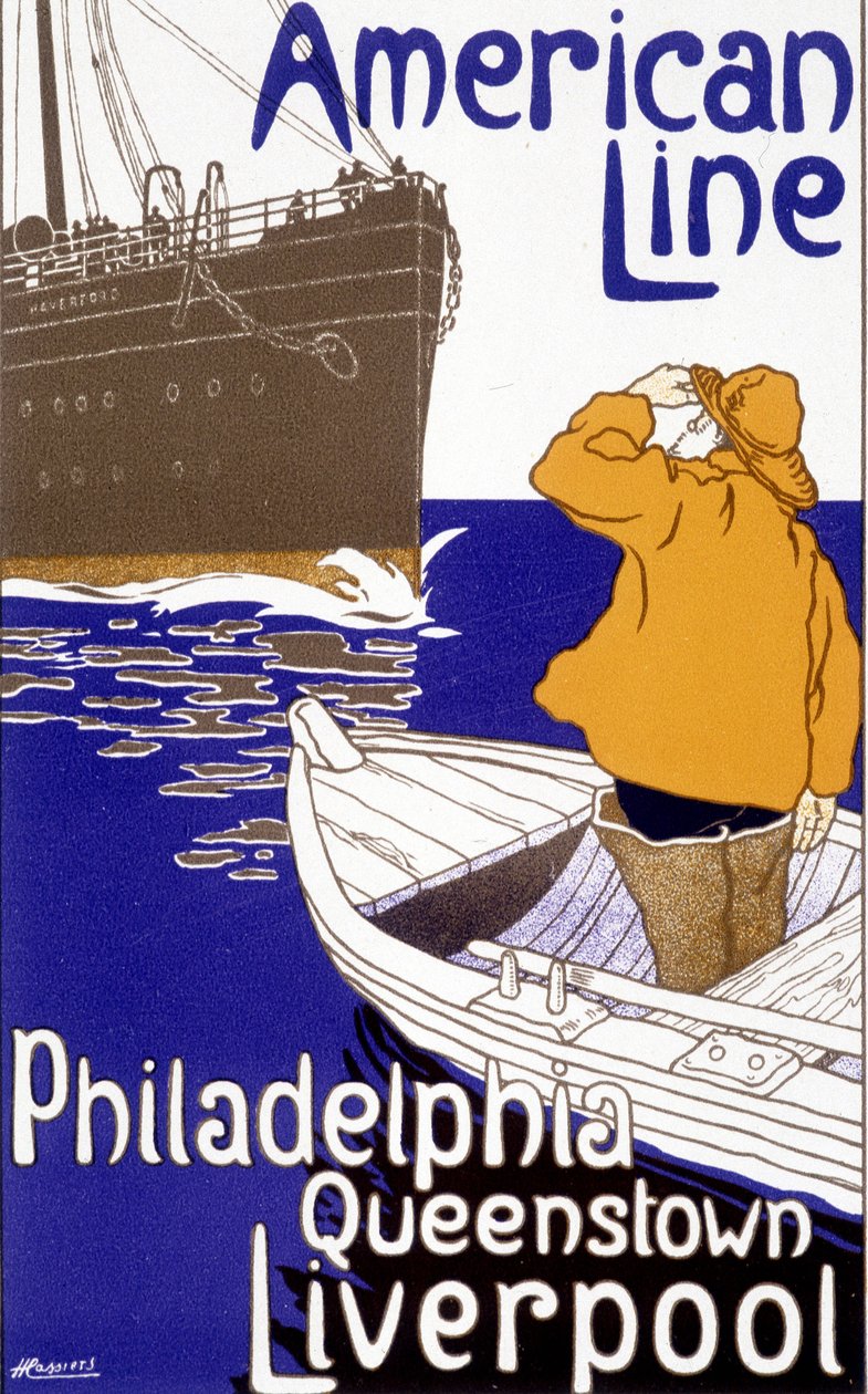 Mainosjuliste American Line -linjalle "Philadelphia - Queenstown - Liverpool" julkaisussa "Pictorial Placard", Bryssel tekijältä Unknown artist