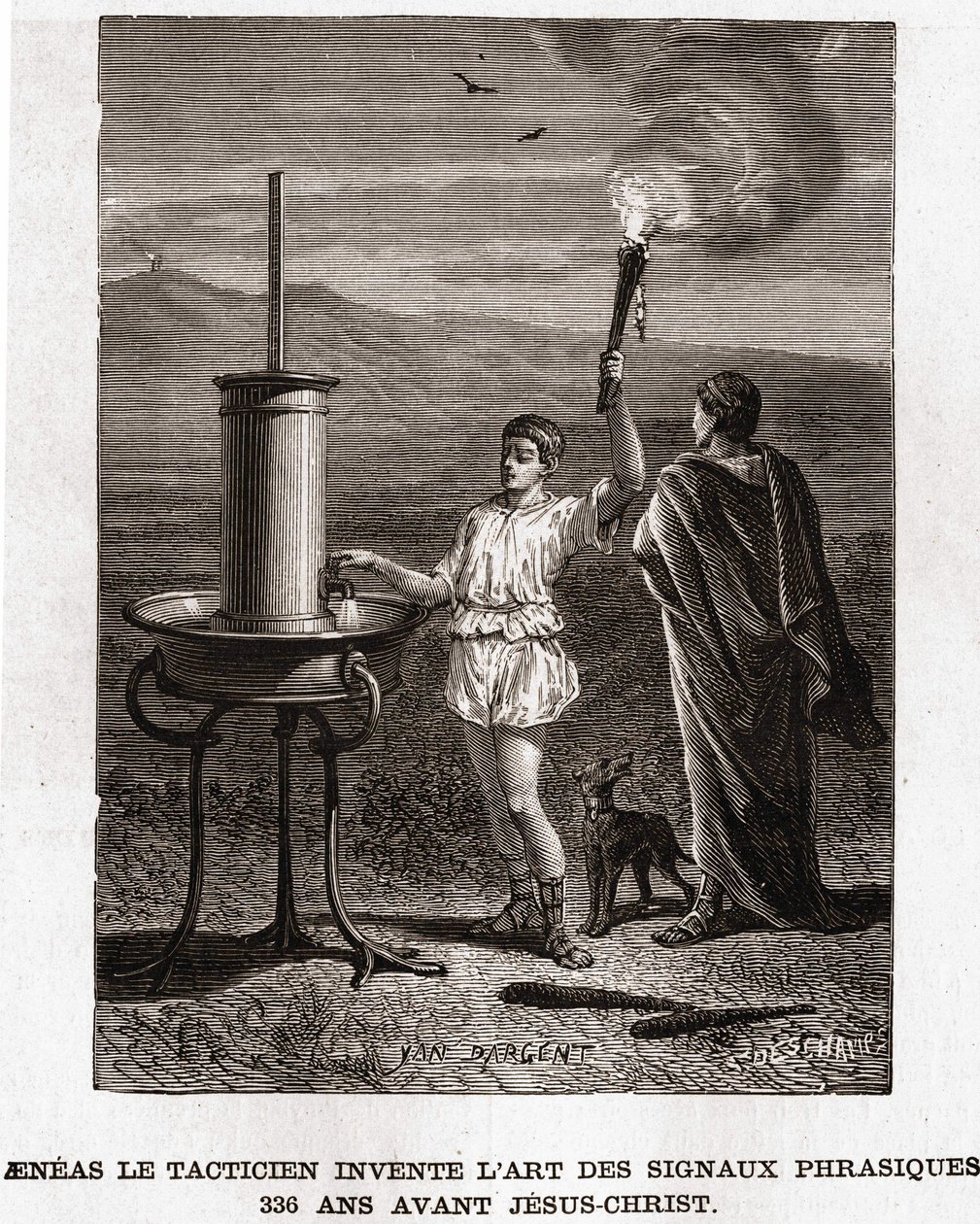 Aeneas taktikko keksi fraasisten signaalien taiteen, 366 eaa. Kaiverrus 1800-luku, bianchetti-kokoelma tekijältä Unknown artist