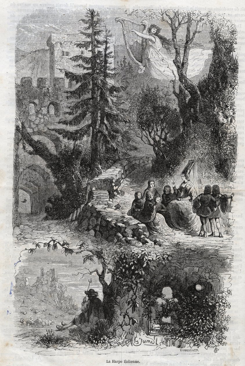 Lipariharppu - tuuliharppu - Arpa eolia - Tuuliharppu - tuulen soittama soitin - kaiverrus vuodelta 1860 tekijältä Unknown artist