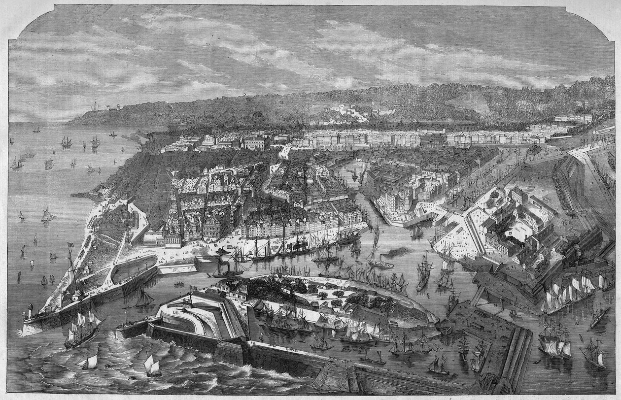 Aerienne-näkymä satamaan ja Le Havren kaupunkiin, Seine-Maritime (Seine Maritime), Normandia, Ranska. Kaiverrus "" L