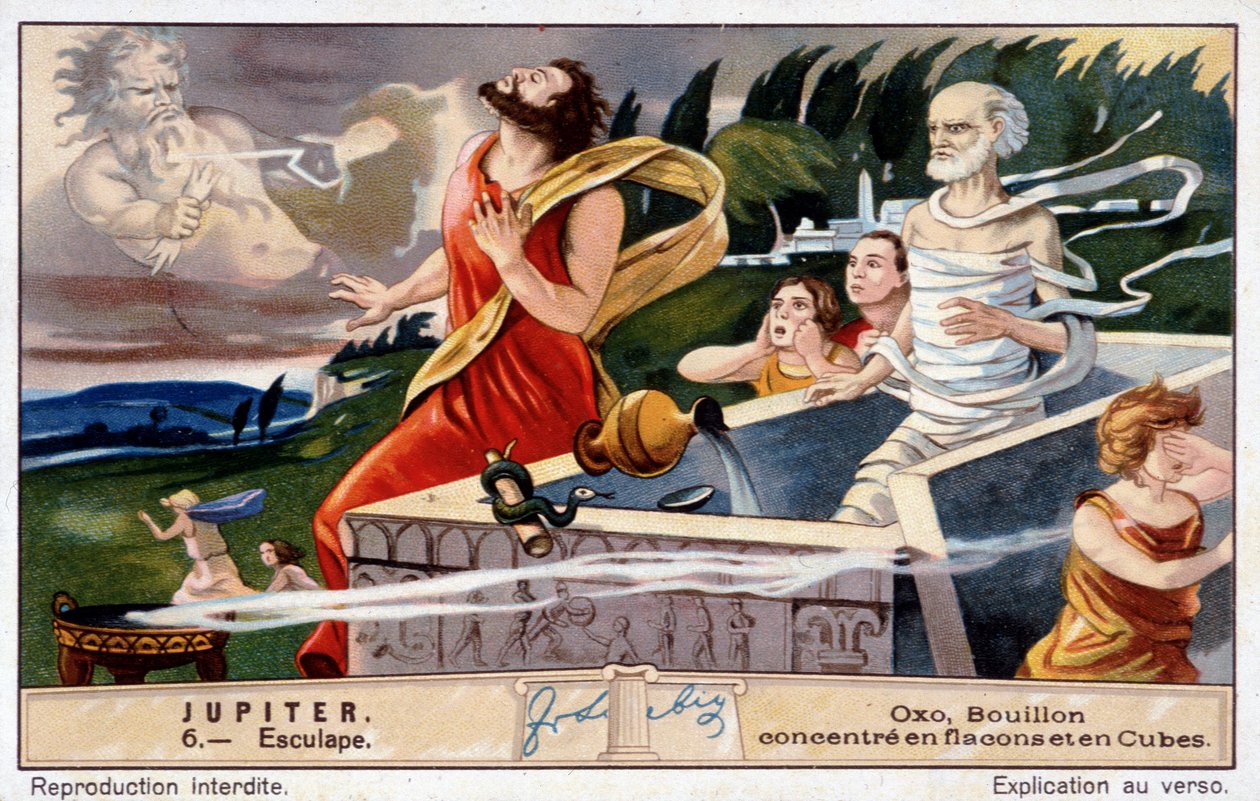 Aesculapus kuolee Jupiterin räjäyttämänä kuolleiden herättämiseen - Oxo-kromolitografia, tuotettu Liebig tekijältä Unknown artist