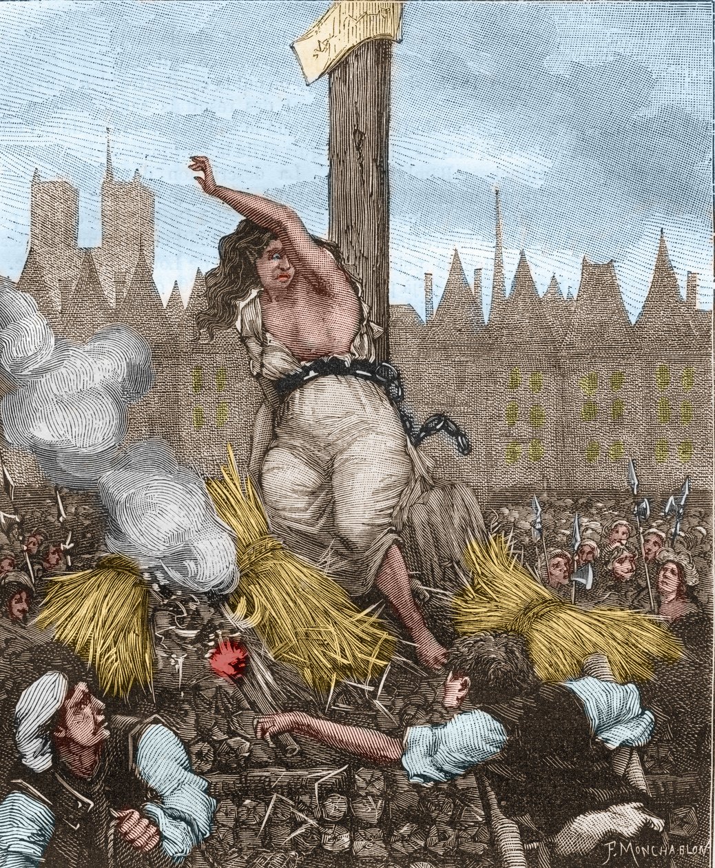 Affaire des Poisons: Catherine Deshayes, vaimo Monvoisin ja lempinimeltään La Voisin (1640-1680) asetettiin teurastajalle, istui ja sidottiin raudalla; hän vannoi ja torjui oljen - Kenouillacin teoksessa "Paris a travers les siecles" tekijältä Unknown artist