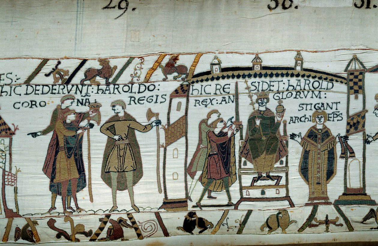 Edward tunnustajan kuoleman jälkeen Harold kruunukuningas nimellä Harold II vuonna 1066 Yksityiskohta Bayeux
