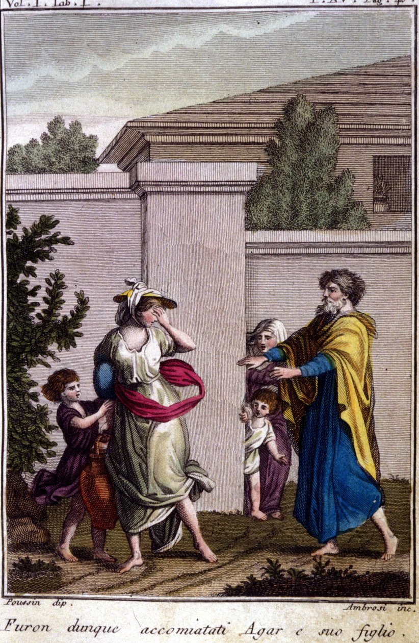 Abraham ajoi Agarin ja Ismaelin pois: Agar, joka erotettiin, lähti poikansa Isamelin kanssa Iisakin syntymän jälkeen. Kaiverrus 1800-luvun alusta. tekijältä Unknown artist