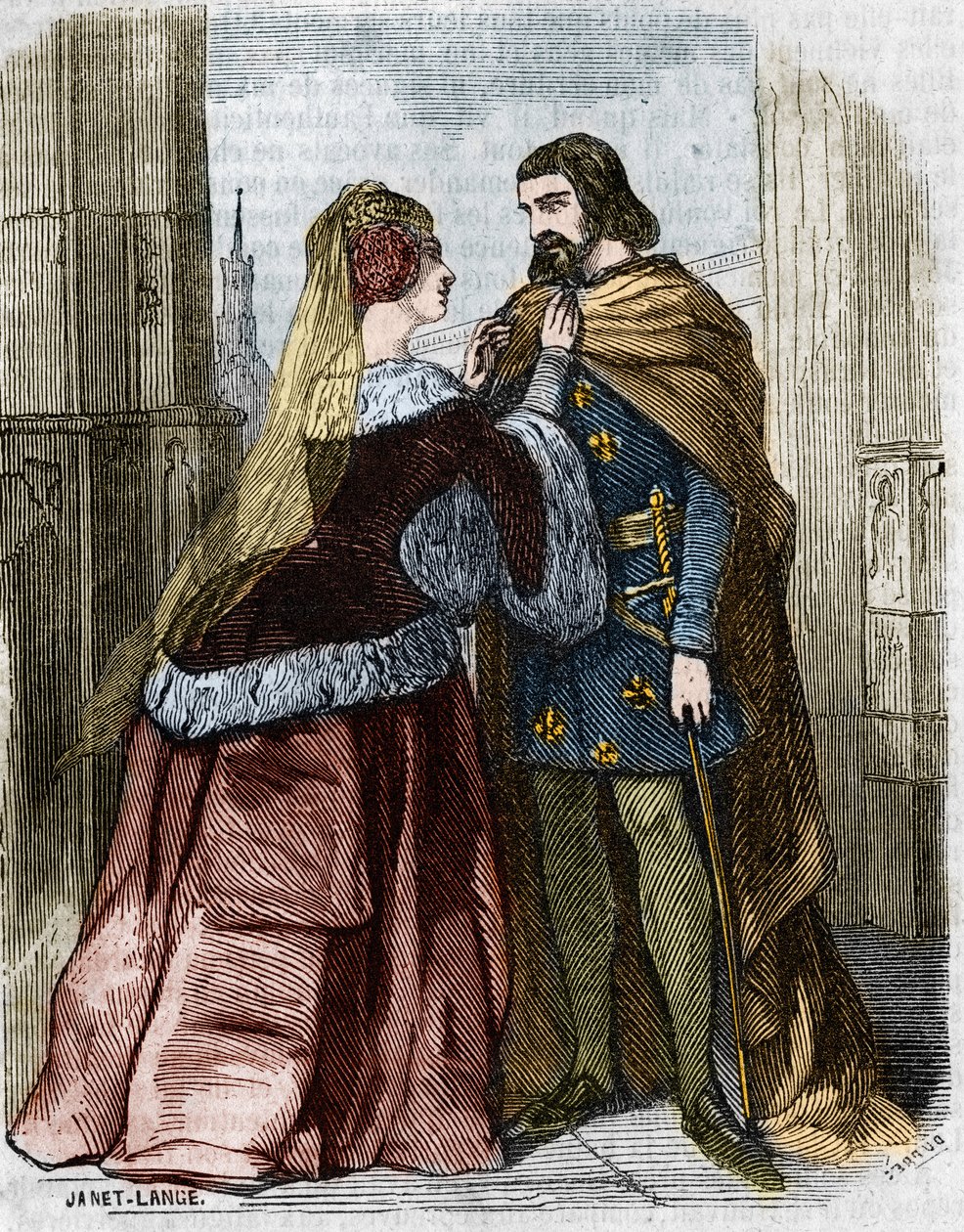 Agnes Sorel (1422-1450) (Beaute sur Marnen rouva) (Beaute-sur-Marne) ja Ranskan kuningas Kaarle VII Jumiegesin luostarissa. Kaiverrus 1800-luvulta. tekijältä Unknown artist