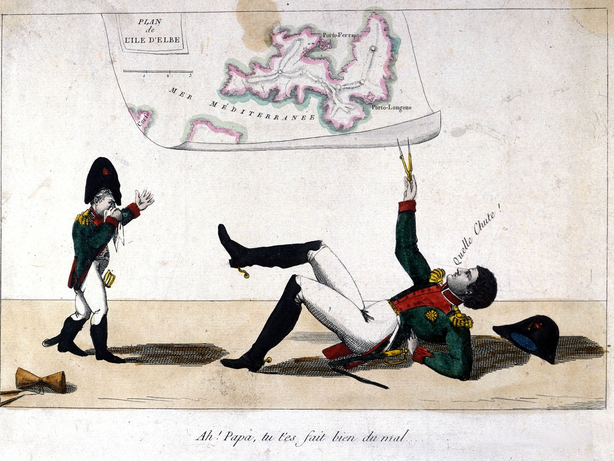 Ah, isä, satutit itseäsi. Sarjakuva Napoleon Bonaparten maanpaosta Elban saarella. tekijältä Unknown artist