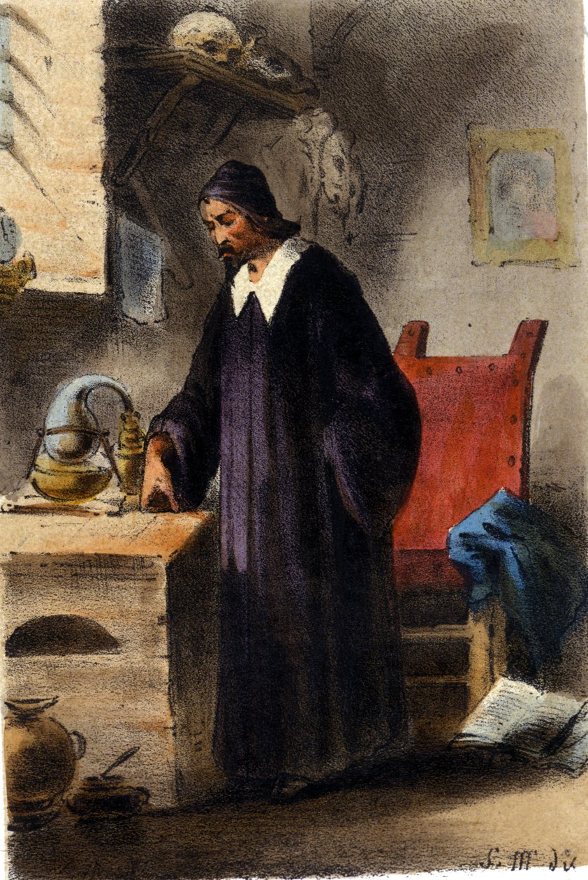 Alkemisti Nicola Barnaud, filosofisen kiven tutkija. tekijältä Unknown artist