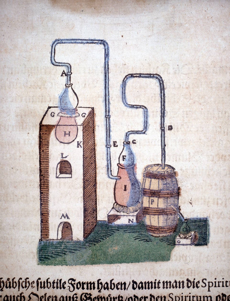 Alkemia: Tislauslaitteisto, otettu Pietro Andrea Mattiolin (Matthiole) (1500-1577) kirjasta. Frankfurt tekijältä Unknown artist