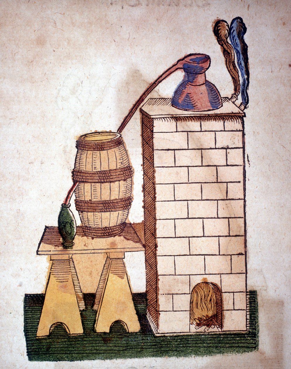 Alkemia: tislauslaitteet. Kaiverrus Pietro Andrea Mattiolin (Matthiole) (1500-1577) kirjasta. Frankfurt tekijältä Unknown artist