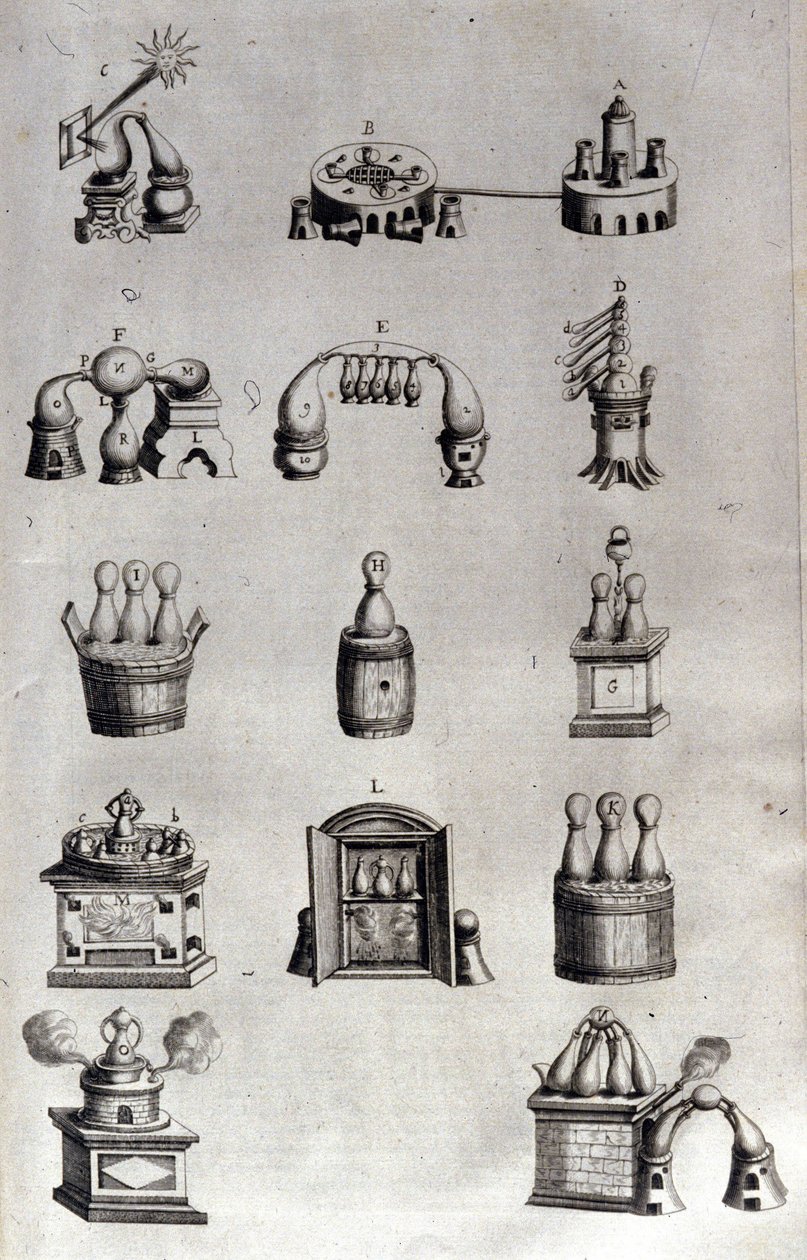 Alchemy: levy, joka edustaa erilaisia tislauslaitteiden malleja ja still-kuvia. Athanase Kircher (tai Athanasius Kircheri 1602-1680), saksalainen jesuiitti. 1700-luvun kaiverrus. tekijältä Unknown artist