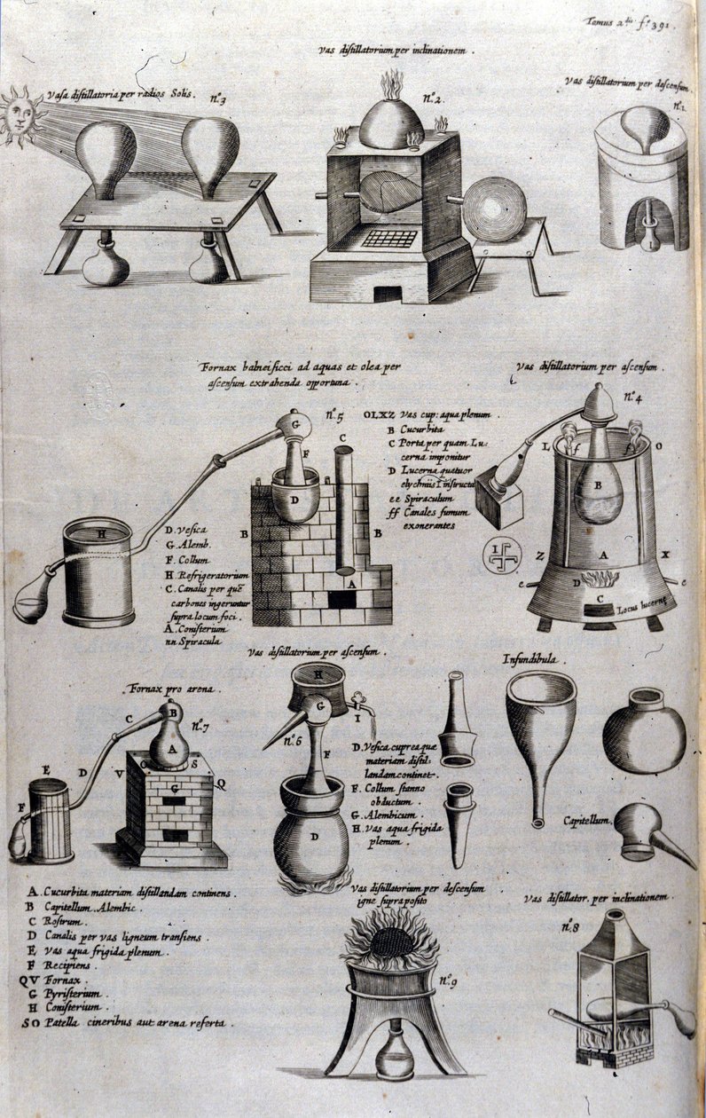 Alchemy: levy, joka edustaa erilaisia tislauslaitteiden malleja ja still-kuvia. Athanase Kircher (tai Athanasius Kircheri 1602-1680), saksalainen jesuiitti. 1700-luvun kaiverrus. tekijältä Unknown artist