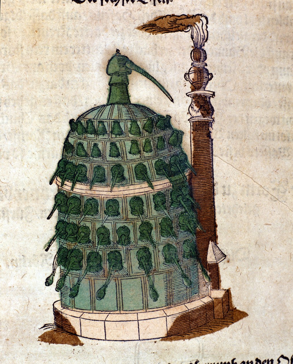 Alkemia: Athanor-uuni, kaiverrus Pietro Andrea Mattiolin (Matthiole) (1500-1577) kirjasta. Frankfurt tekijältä Unknown artist