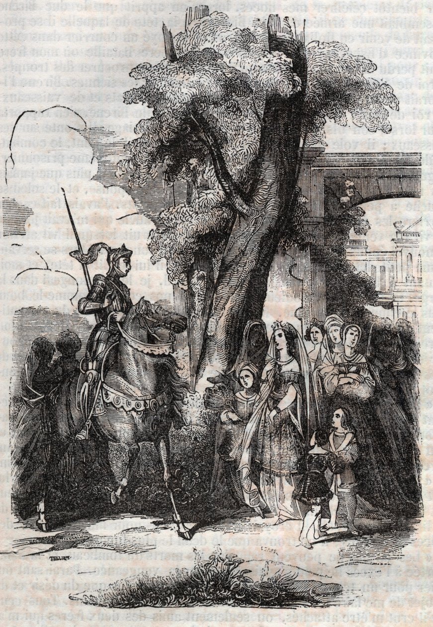 Alcina ja hänen hovinsa tulevat tervehtimään Ruggieroa - kaiverrus vuodelta 1851 Ludovico Arioston runosta Orlando furioso (1516), - Tressanin kreivin italiasta kääntämä painos ja kustantaja Gustave Harvard 1851 tekijältä Unknown artist
