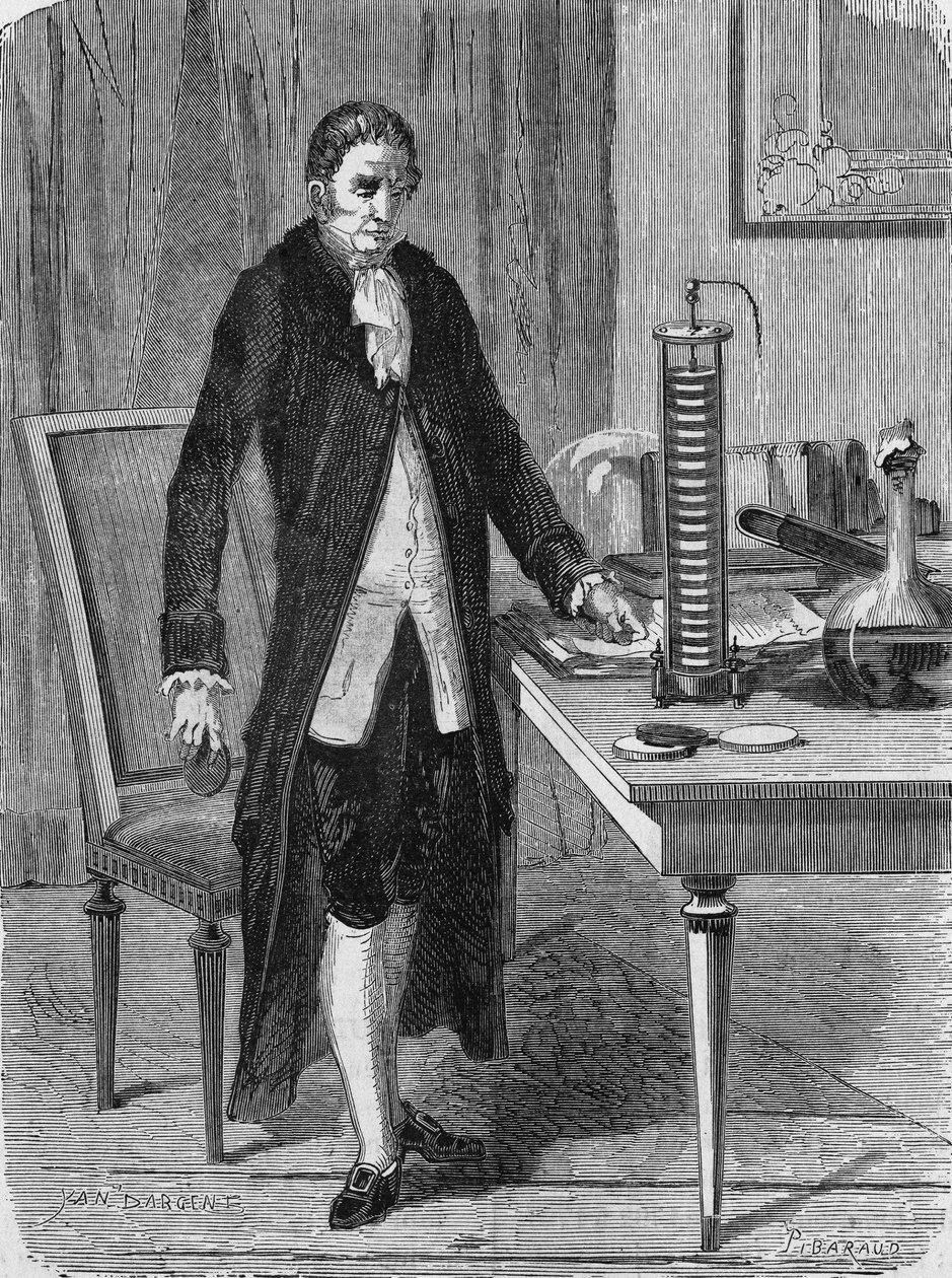 Alexander (Alessandro) Volta rakensi joulukuussa 1799 sähkömoottorin (tai akun). Julkaisussa "Album of Science", Editions Jouvet tekijältä Unknown artist