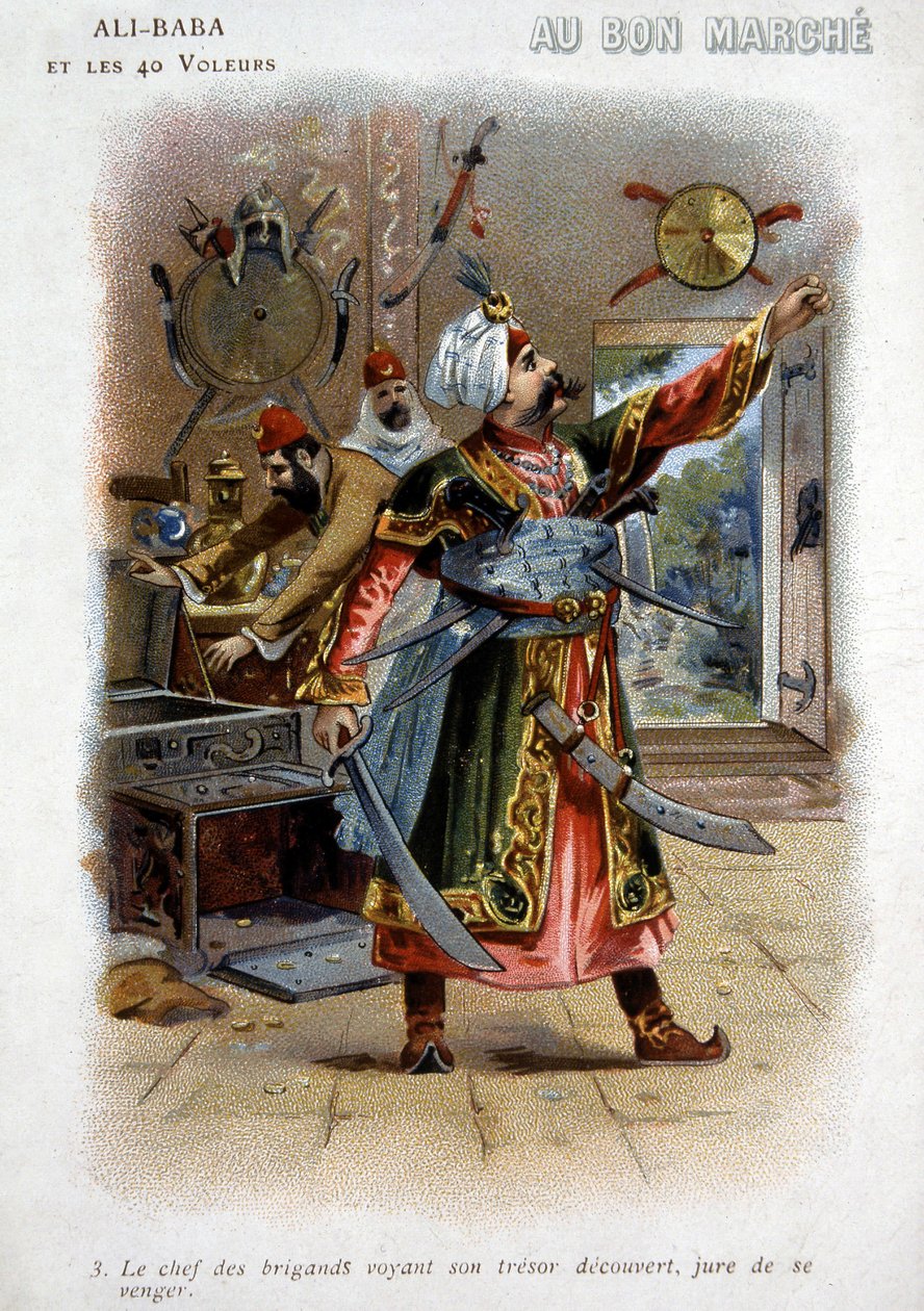 Ali - Baba (Ali Baba) ja 40 varkaa (tarinat tuhannesta ja yhdestä yöstä): Ryöstöpäällikkö näkee aarteensa paljastuneen vannoo kostoa - "Hyvän maaliskuun pahvi", 1800-luvun loppu tekijältä Unknown artist