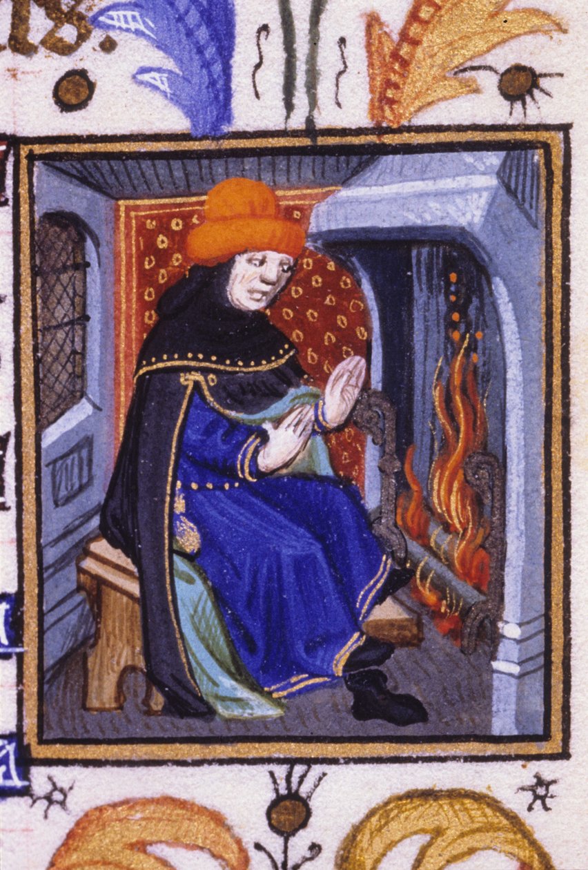 Helmikuun allegorinen esitys. Mies lämpenee takan edessä. Miniatyyri 1300-luvun käsikirjoituksesta. tekijältä Unknown artist