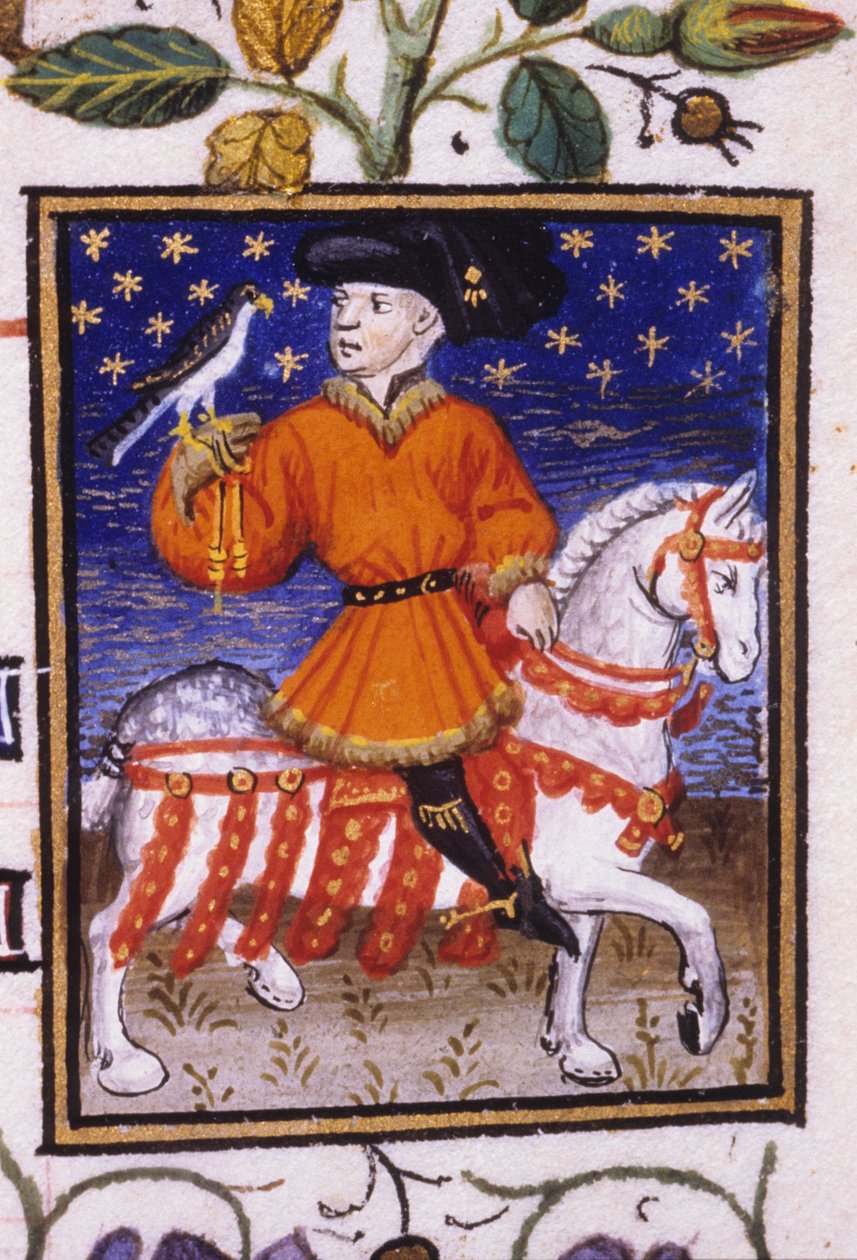Toukokuun allegorinen esitys. Nuori lordi brays puristamassa polvessa sukkanauhasta pitelemässä haukkaa. Pienoismalli 1300-luvun käsikirjoituksesta; tekijältä Unknown artist