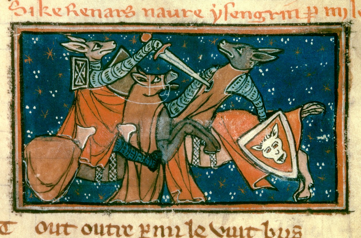 Allegoria keskiajan yhteiskunnasta: "Kettu haavoi Isengrimiä yksittäisessä taistelussa". Miniatyyri Jacquemars Gieleen käsikirjoituksesta "The Roman De Renart Le Nouvel". tekijältä Unknown artist