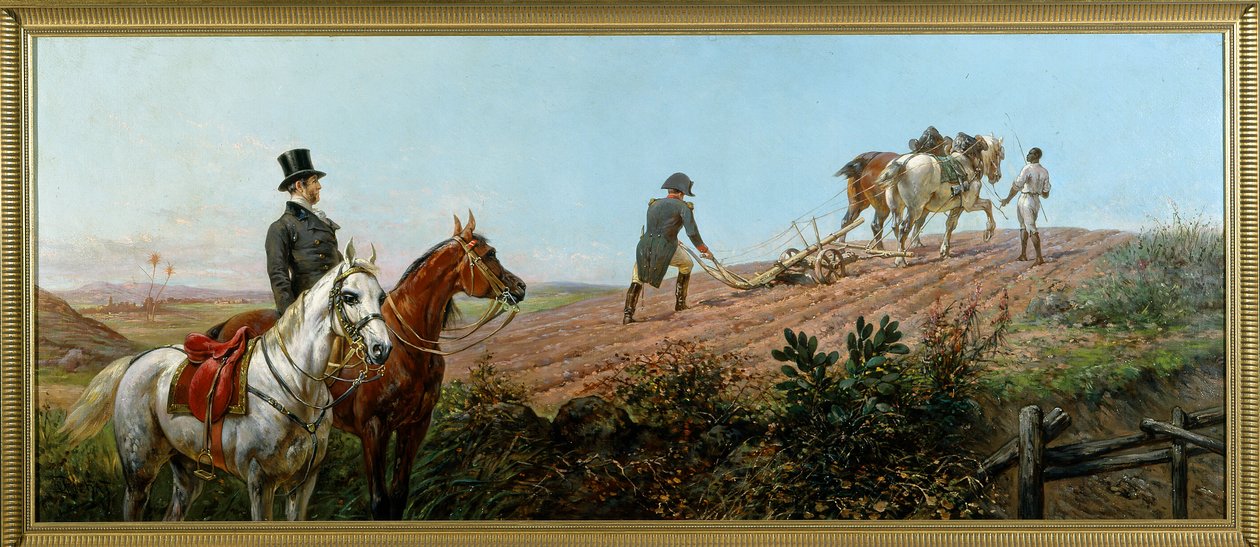 Allegoria, joka kuvaa Napoleonia kyntämässä mustan palvelijansa valvonnassa St. Helenassa, öljy kankaalle Olivier Pichat (1825 - 1912) tekijältä Unknown artist
