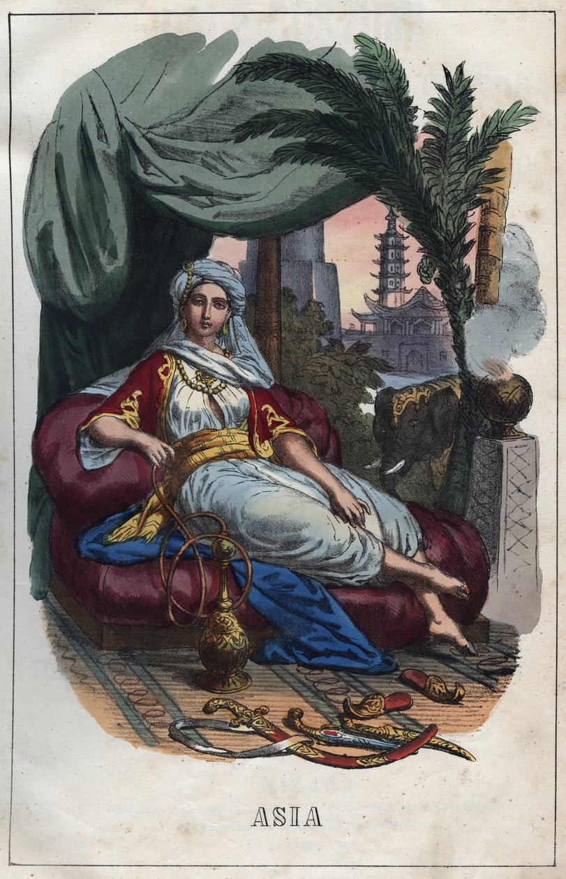Aasian allegoria - kaiverrus kirjasta "" Maailmankaikkeuden kaikkien kansojen tavat ja tavat. Eli kaikkien kansojen hallituksen, lakien, miliisin, uskonnon historia kaukaisimmista ajoista nykypäivään "1856 tekijältä Unknown artist