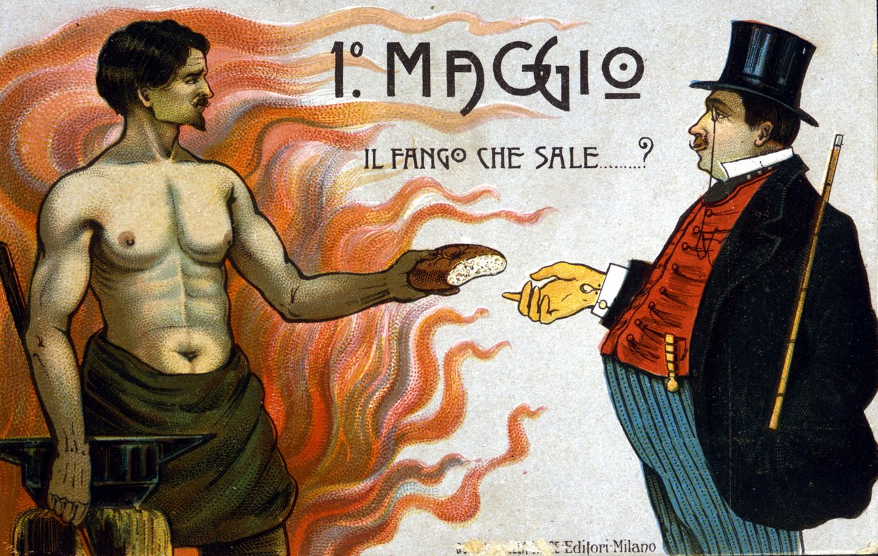 Allegoria luokkataisteluista: 1. toukokuuta: muta nousee, työläinen tarjoaa leipää porvarille. 1898 tekijältä Unknown artist