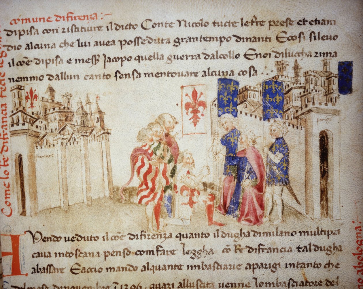 Ranskan kuninkaan Kaarle VI:n liitto Firenzen kunnan kanssa vuonna 1396 - "Croniche del Sercambissa", noin 1400. Kansallisarkisto, Lucca. tekijältä Unknown artist