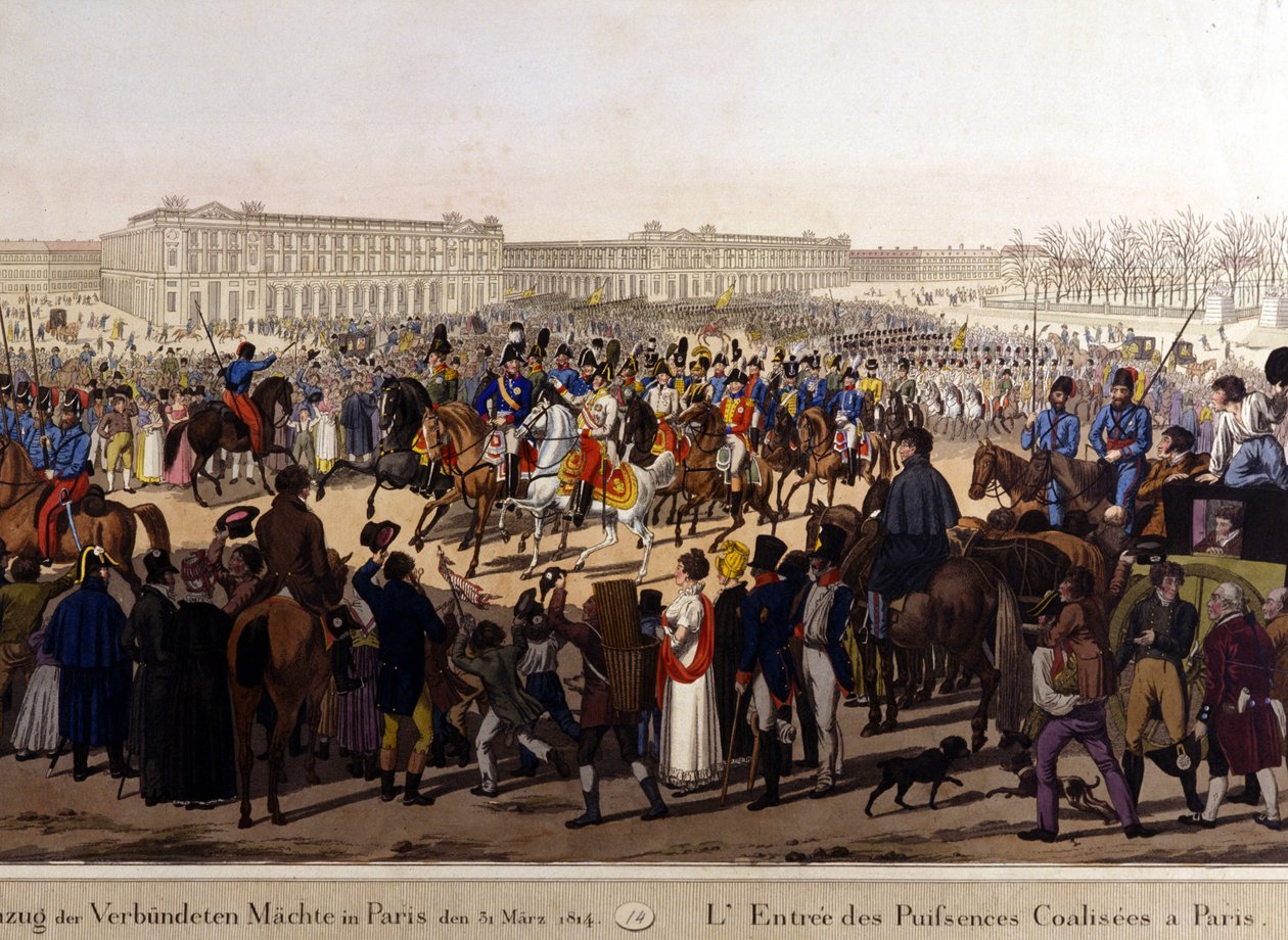 Liittoutuneet saapuivat Pariisiin 31. maaliskuuta 1814 (Venäjä Aleksanteri I, Itävallan keisari Francis Joseph I ja Preussin kuningas Frederick Vilhelm III.) 1800-luvun kaiverrus tekijältä Unknown artist