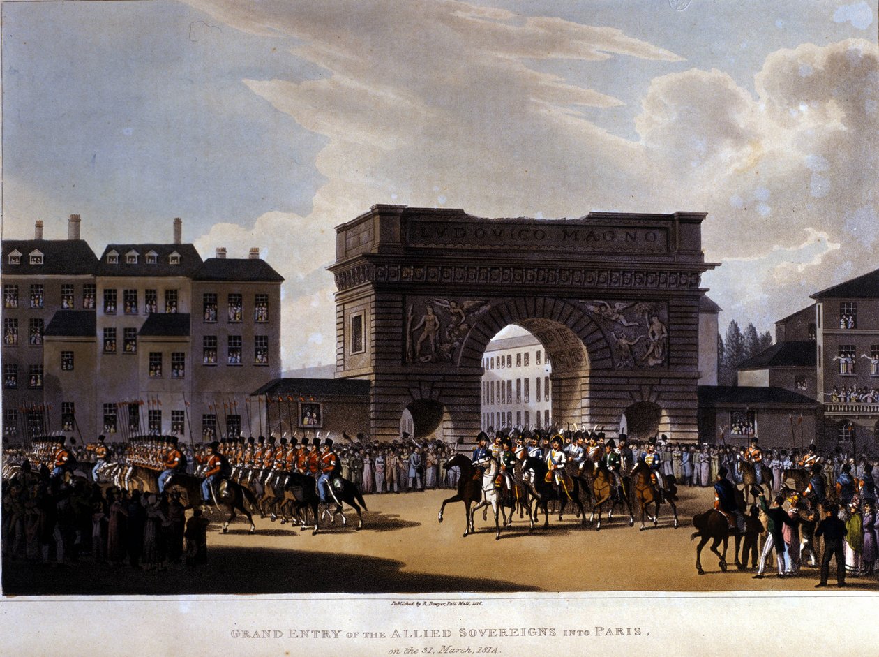 Liittoutuneet saapuivat Pariisiin 31. maaliskuuta 1814 (Venäjä Aleksanteri I, Itävallan keisari Francois I ja Preussin kuningas Fredrik Vilhelm III.) kaiverrus vuodelta 1826 tekijältä Unknown artist