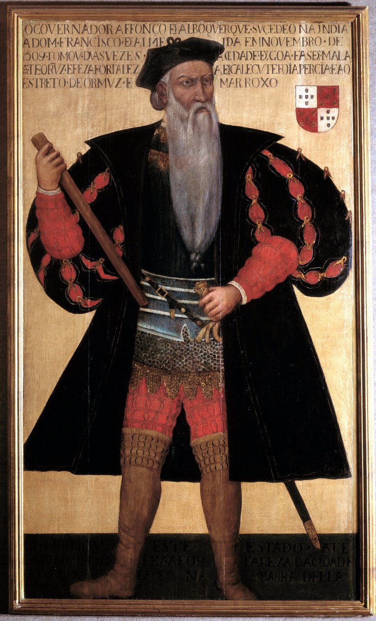 Alphonse (Alfonso tai Afonso) de albuquerque (1453-1515) portugalilaisen navigaattorin ja tutkimusmatkailijan suuri muotokuva. 1500-luvun maalaus. Lissabon, Musee National D