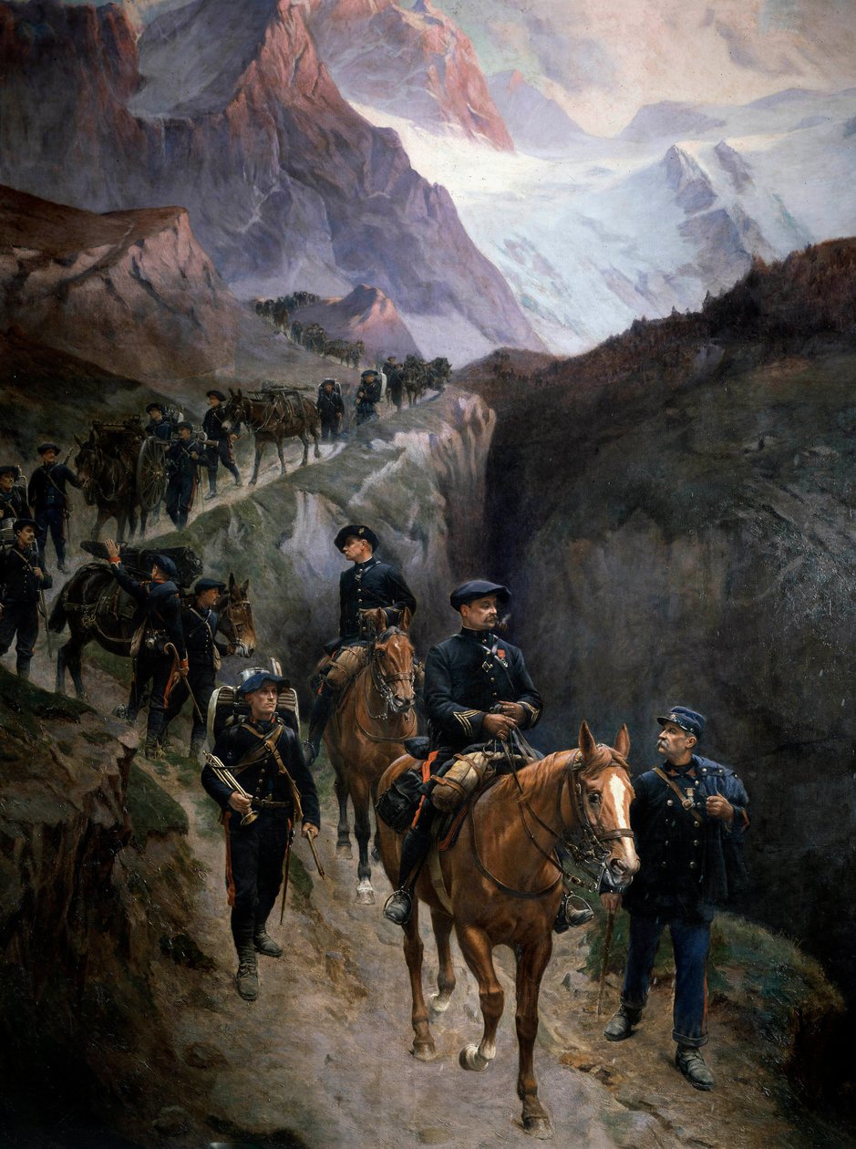 Alppien metsästäjät vuorilla vuonna 1890 Anonyymi maalaus. 1890 Pariisi, Musee de l