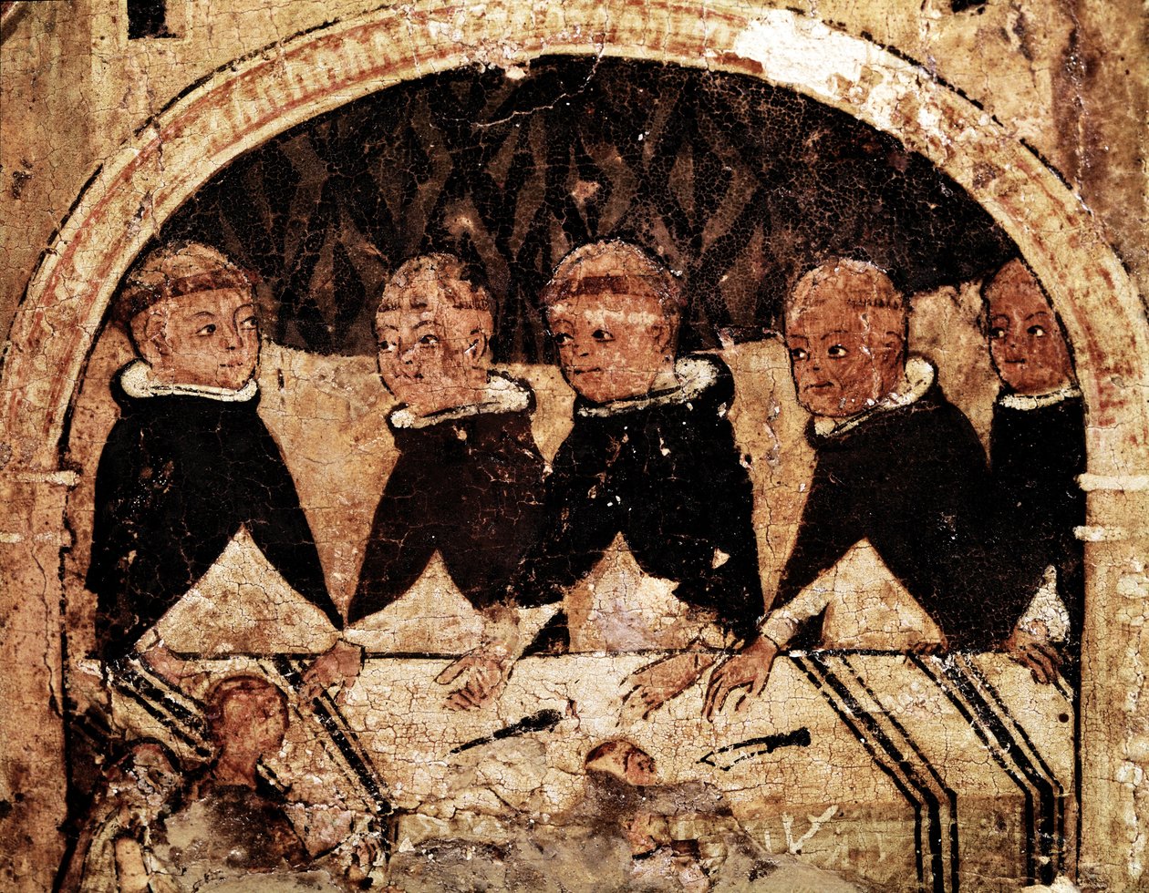 Dominikaanisen ritarikunnan perustajan Pyhän Dominican Guzmanin (1170-1221) elämän alttaritaulu: Dominikaanisten munkkien ryhmä. Maalausta puulle 1200-luvulta. Napoli, Museo Nazionale di Capodimonte tekijältä Unknown artist