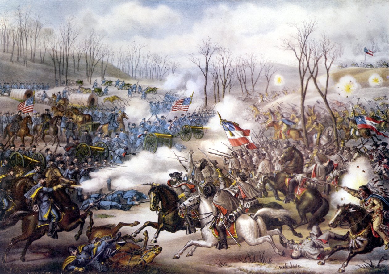 Amerikan sisällissota (1861 - 1865): Battle of Pea Ridge tai Elkhorn Tavern (Arkansas) 6. - 8. maaliskuuta 1862. Kaiverrus 1800-luvulta. tekijältä Unknown artist
