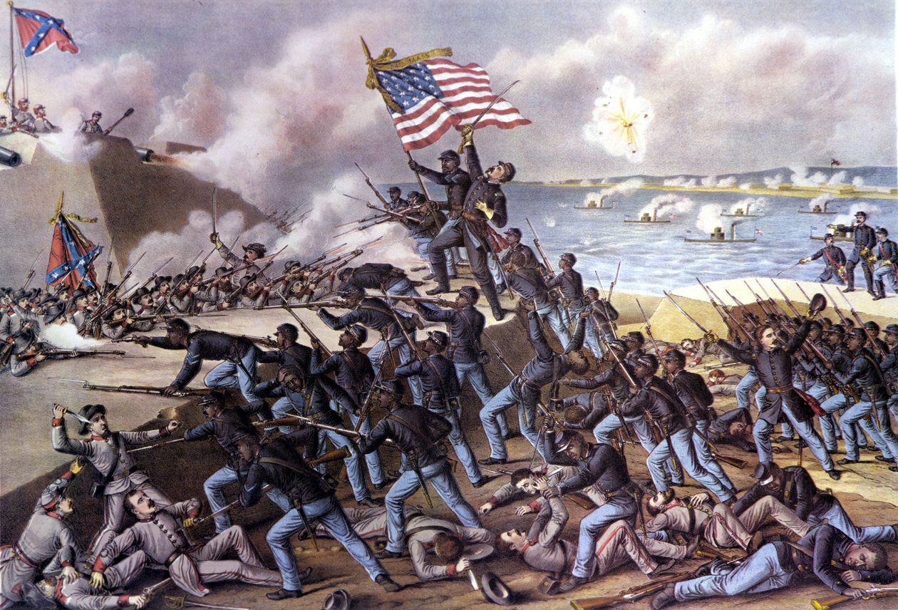 Amerikan sisällissota (1861 - 1865): 2000 mustaa vapaaehtoista hyökkäsi Fort Wagneriin Jekyll Islandilla Georgian edustalla heinäkuussa 1863. Kaiverrus 1800-luvulta. tekijältä Unknown artist