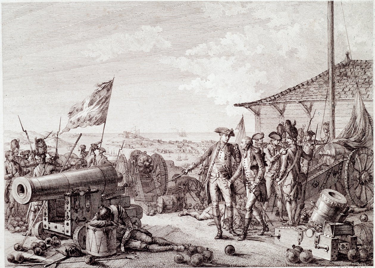 Amerikan vapaussota: Grenadan taistelu 6. heinäkuuta 1779 Britannian kuninkaallisen laivaston ja Ranskan laivaston välillä (kaiverrus tekijältä Unknown artist