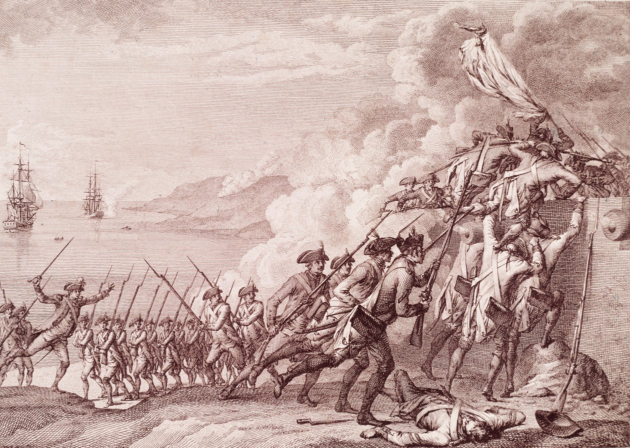 Amerikan vapaussota: Ranskan armeijan hyökkäys Dominicaan 7. syyskuuta 1778 (kaiverrus tekijältä Unknown artist