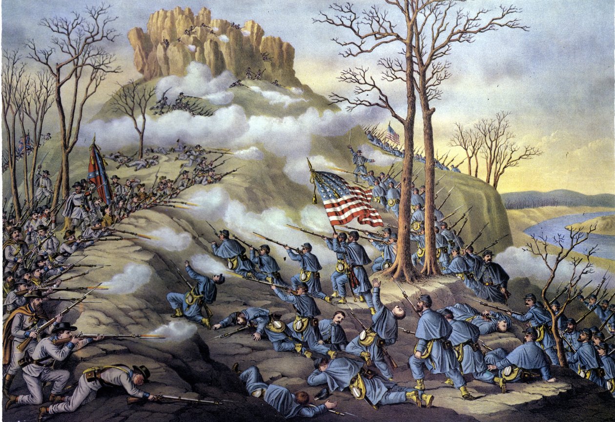 Amerikan irtautumissota tai sisällissota (1861 - 1865): 23.11.1863, Lookout Mountainin taistelu Tennesseessä, hyökkäys, joka tunnetaan nykyään taisteluna pilvien yli, koska sumu antoi liittovaltion joukkojen edetä nopeammin. Kaiverrus 1800-luvulta. tekijältä Unknown artist