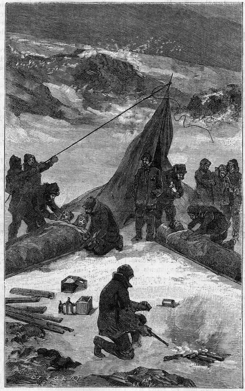 Amerikkalainen retkikunta Lady Franklin Baylle (1881-1884): miehistön pelastus. Kaiverrus "" Luontoon ": katsaus tieteisiin ja niiden sovelluksiin taiteeseen ja teollisuuteen "", 22. kesäkuuta 1889. tekijältä Unknown artist