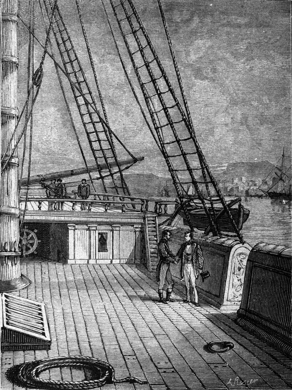 Amerikkalainen keksijä Samuel Finley Breese Morse (1791-1872) "Sully"-aluksella 13.10.1832. Juuri tällä matkalla hän kehitti perustan lennättimen keksimiselle. Kaiverrus 1800-luvulta tekijältä Unknown artist