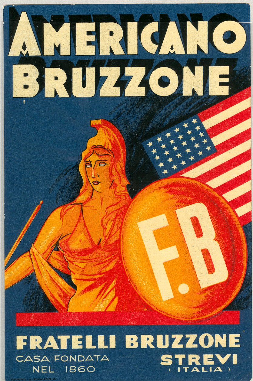 Americano Bruzzone -alkoholimainos amerikkalaisella lipulla (kromolitografia, 1800-luvun loppu) tekijältä Unknown artist