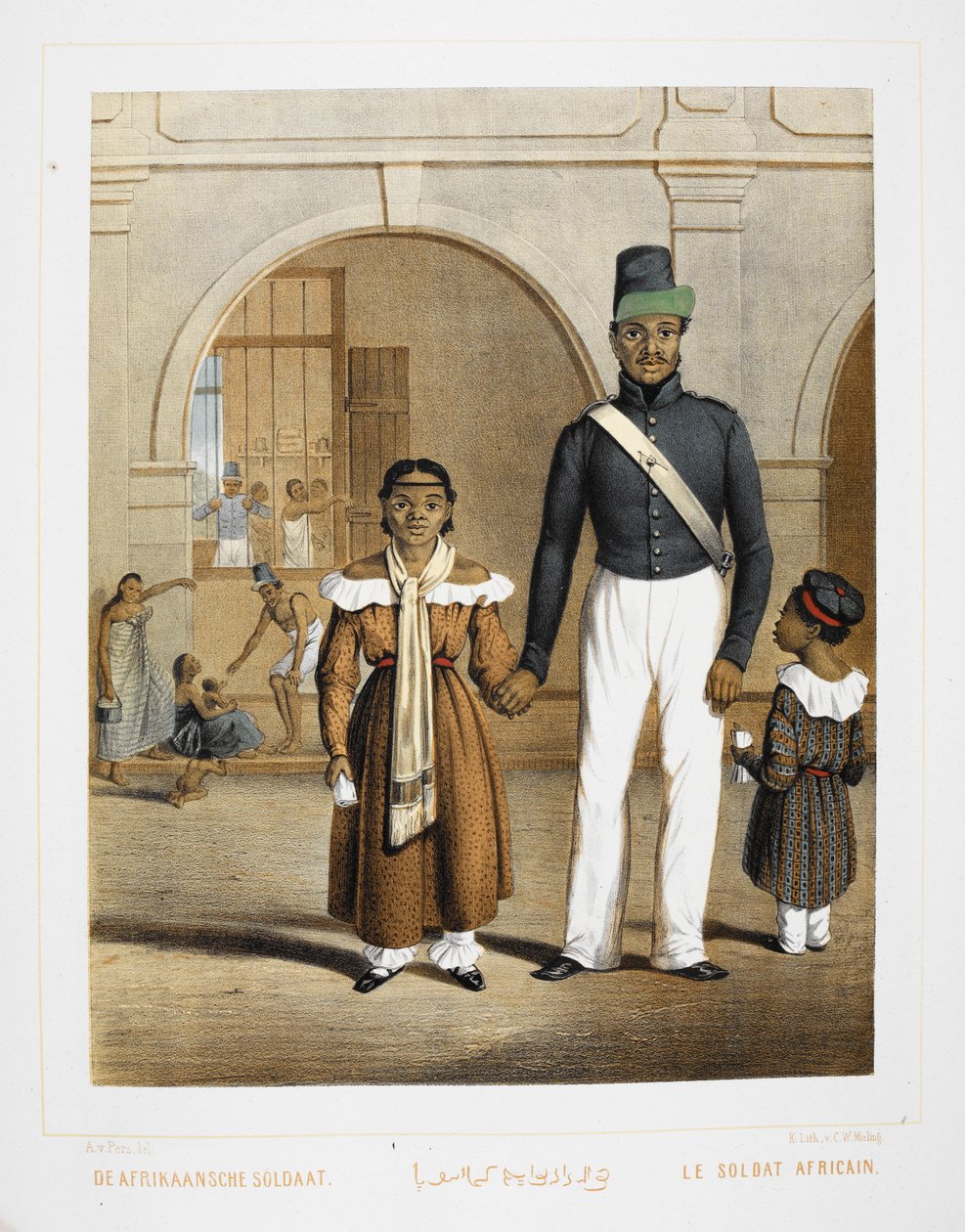 Afrikkalainen sotilas perheineen. Indonesian asukkaat. tekijältä Unknown artist