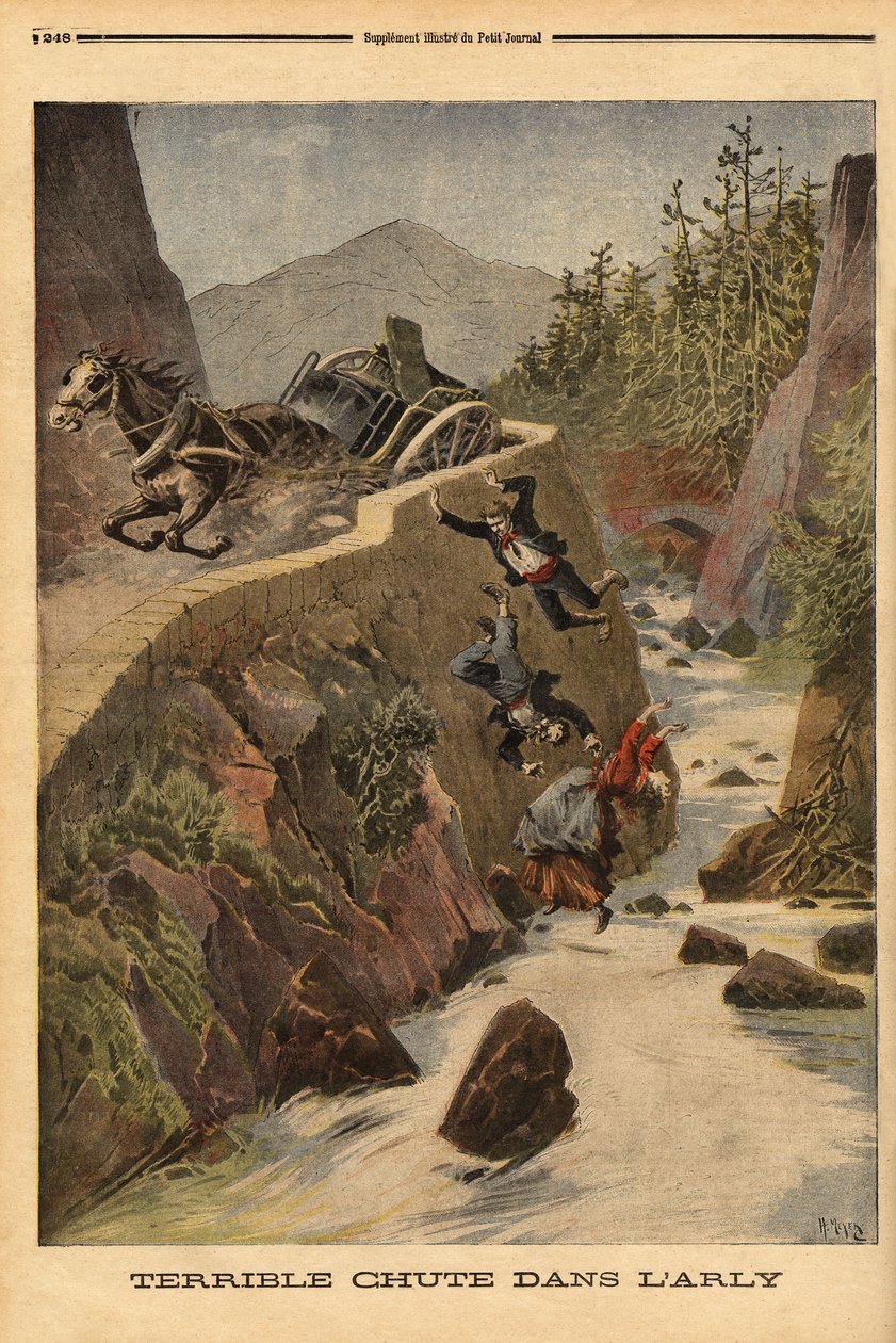 Säiliöonnettomuus penkillä Savoiella, ajoneuvo kaatuu ja matkustajat saostuvat Arlyssa. Kaiverrus "" Le petit Journal" -lehdessä 2/08/1896. Selvan kokoelma. tekijältä Unknown artist