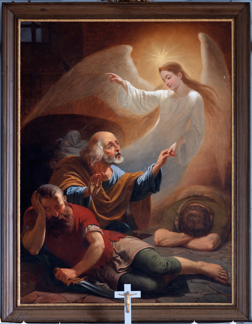 Enkeli vapauttaa pyhän Pietarin vankilasta, piirretty F. Devigne (?) tekijältä Unknown artist